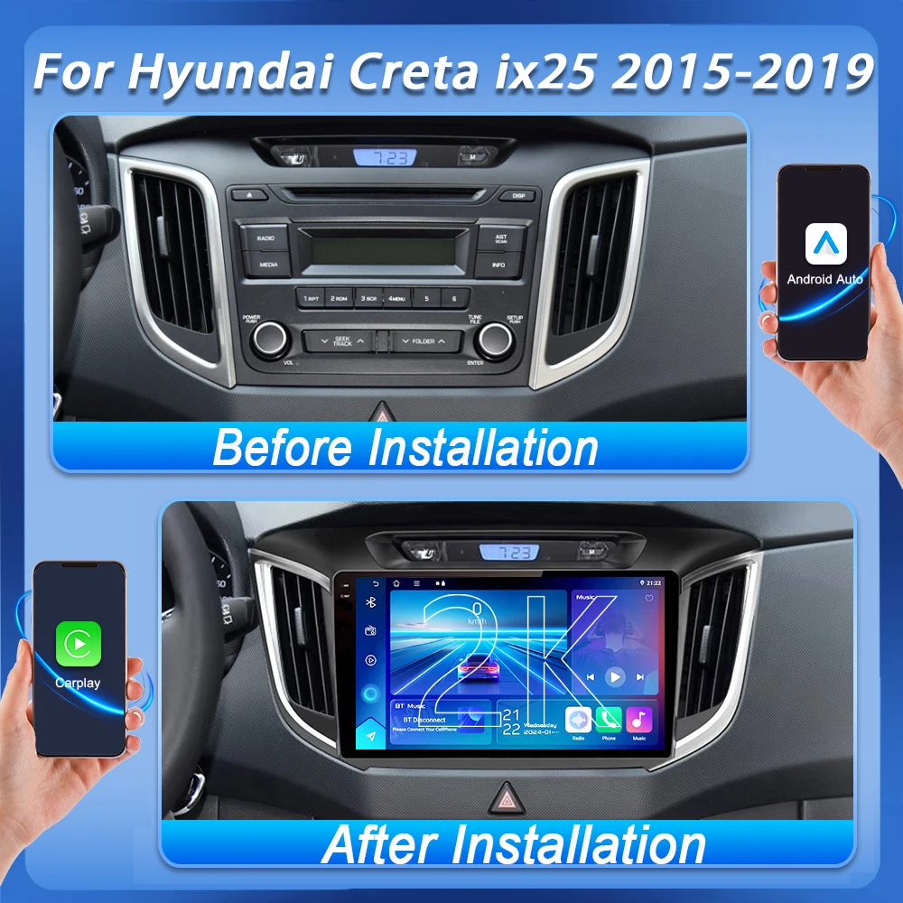 Android 16 For Hyundai Creta ix25 2015-2019 CarPlay Android Auto 2DIN Car headunit Autoradio Car Radio Multimedia Stereo WiFi 2K