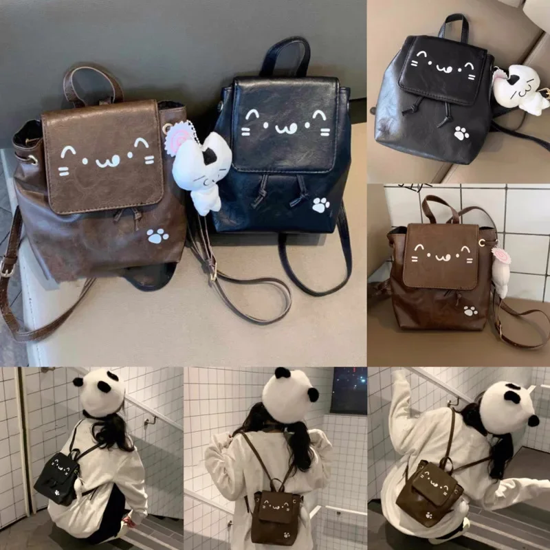 Women's Handbags Cat Symbol Backpacks Y2K Korea Japan INS Cute Girl Backpack Back To School High Capacity Cat Pendant Backpacks