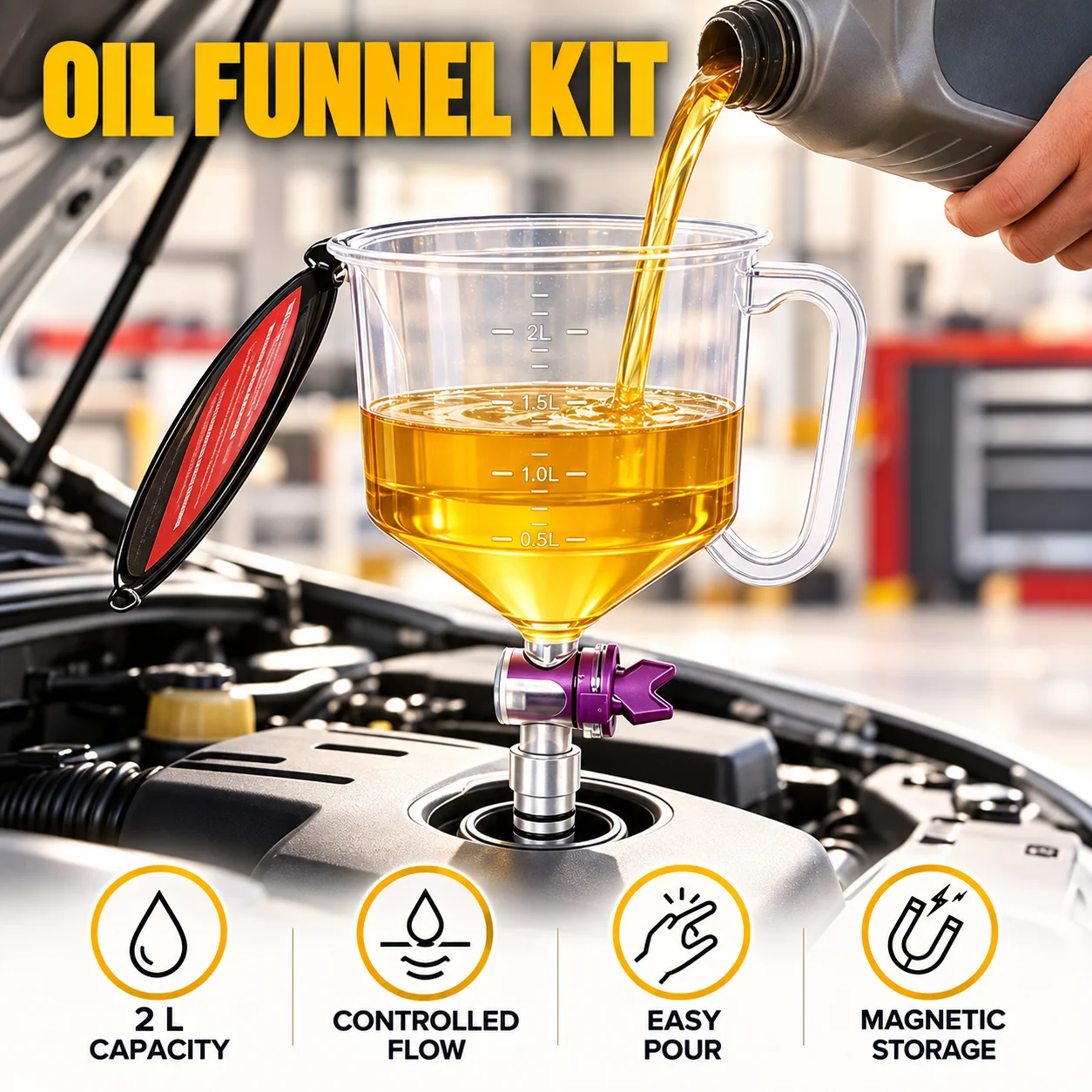 2L Engine Oil Funnel Filling Kit1.59 Qt Automotive Oil Funnel Kit With 12 Adapters,Elbow Fitting,Arrow Screen Magnetic Storage