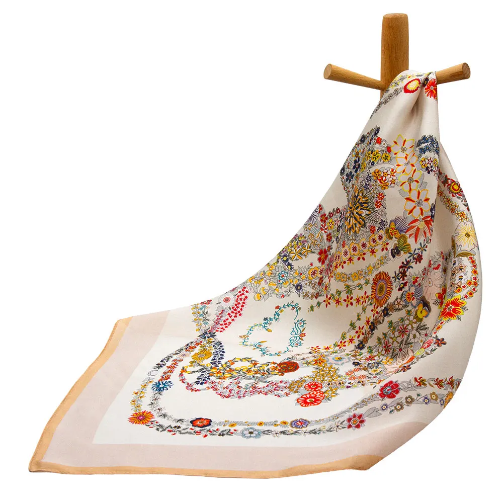 

53cm 65cm Genuine Silk Girl's Scarf Scarves Woman for Kids Modern Square Winter Top Brand Handkerchief Friends Gift Flower Chain