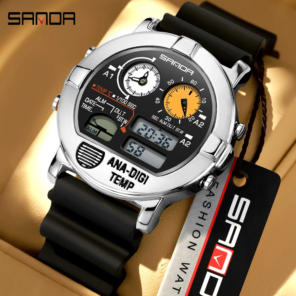 SANDA Casual Square Men LED Electronic Wristwatch Multifunction Thermometer Stopwatch Chronograph Hot Selling Male Daily Clock