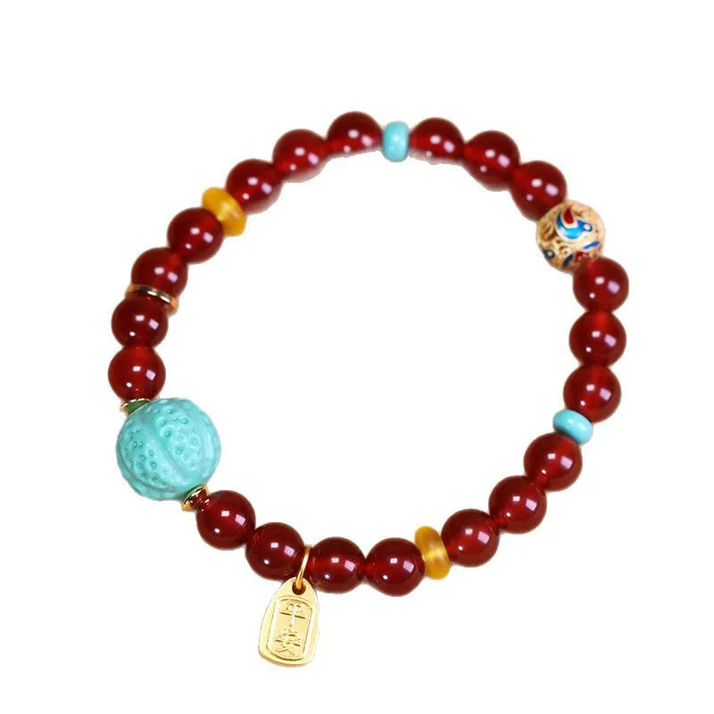 Natural Tibetan Genuine Old Mine Raw Stone Red Agate - Green Turquoise Diamond Bead Bracelet, approximately 16x14mm