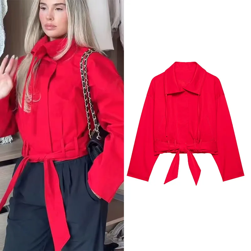 Women's lapel Jacket with Belt New Spring Casual Turn-Down Collar Long Sleeve Lace Solid Color Short Coats Female Chic Outerwear