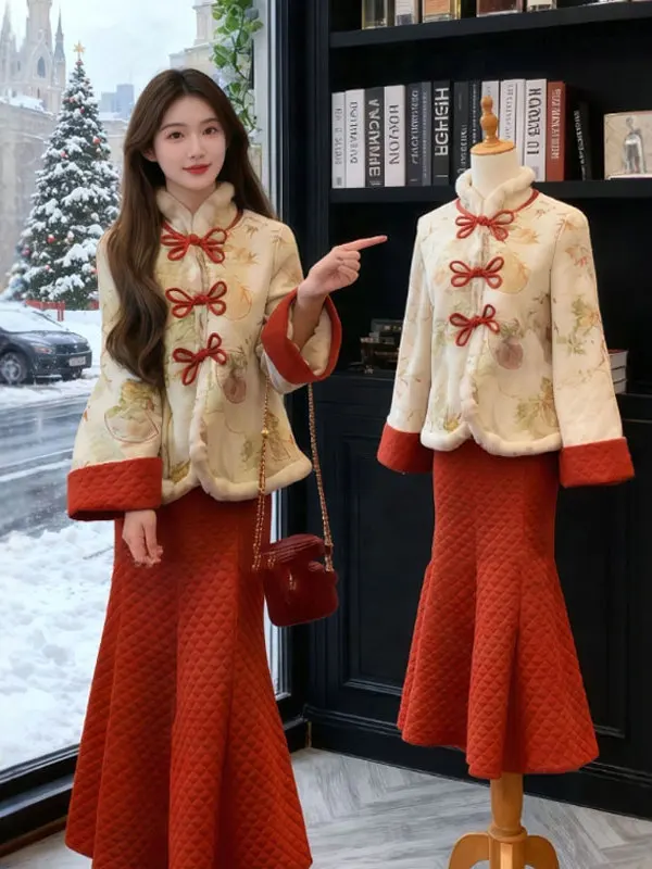 

New Chinese Sle Cotton Jaet And Skirt Set Vintage Faionable Spring Arrival Clete Ensemble Comfortable Long Sve Bu...