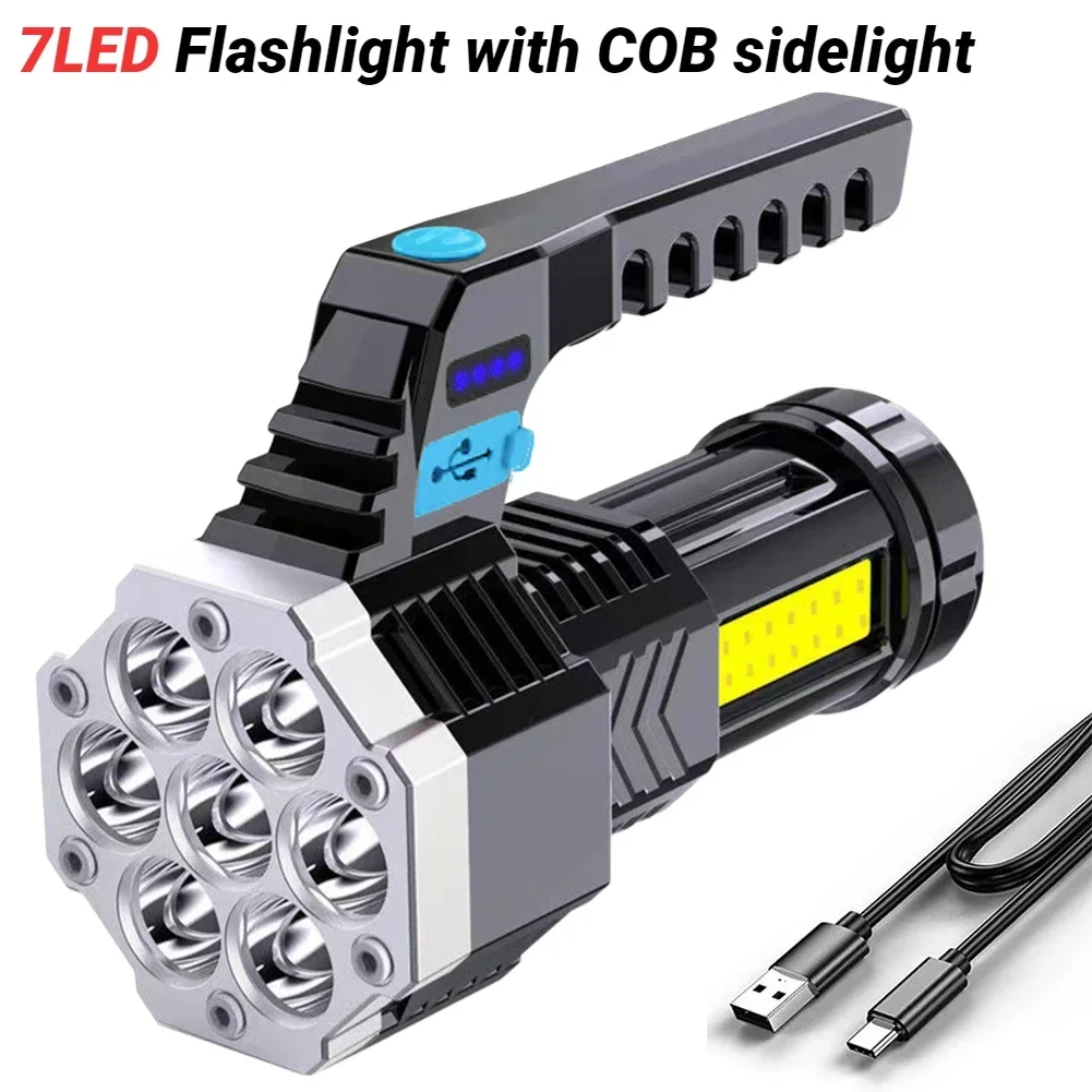 USB Rechargeable Camping Torch Searchlight, 7LED COB Lanterna portátil, Cob Side Light, Leve, Iluminação exterior