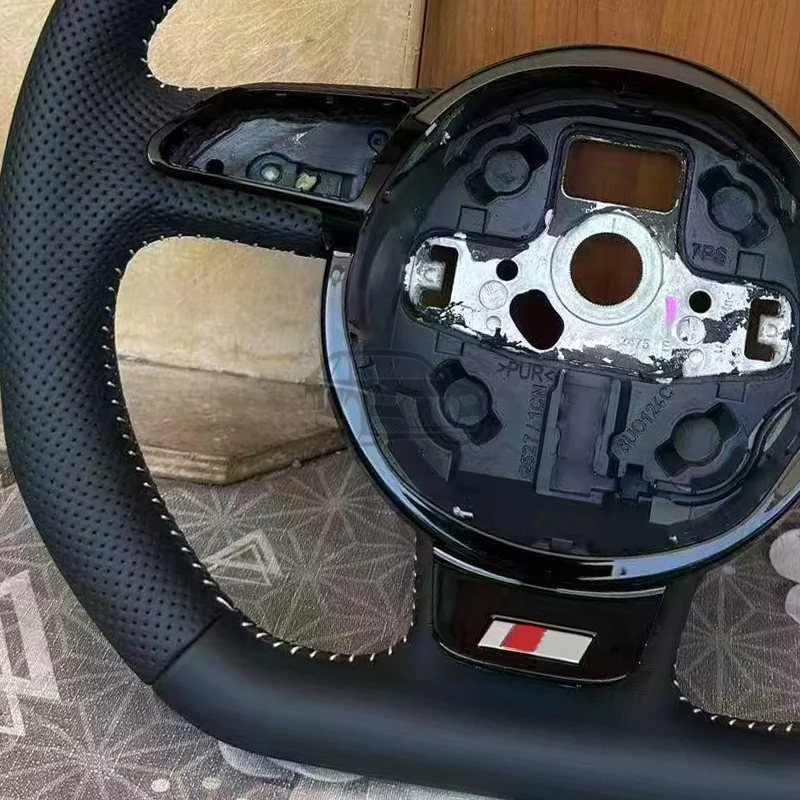 مناسبة لأودي A3 A4 A5 A6 A7 Q3 Q5 Q7 عجلة قيادة شبه مثقبة من الجلد بالكامل عجلة قيادة متحركة مسطحة القاع #4