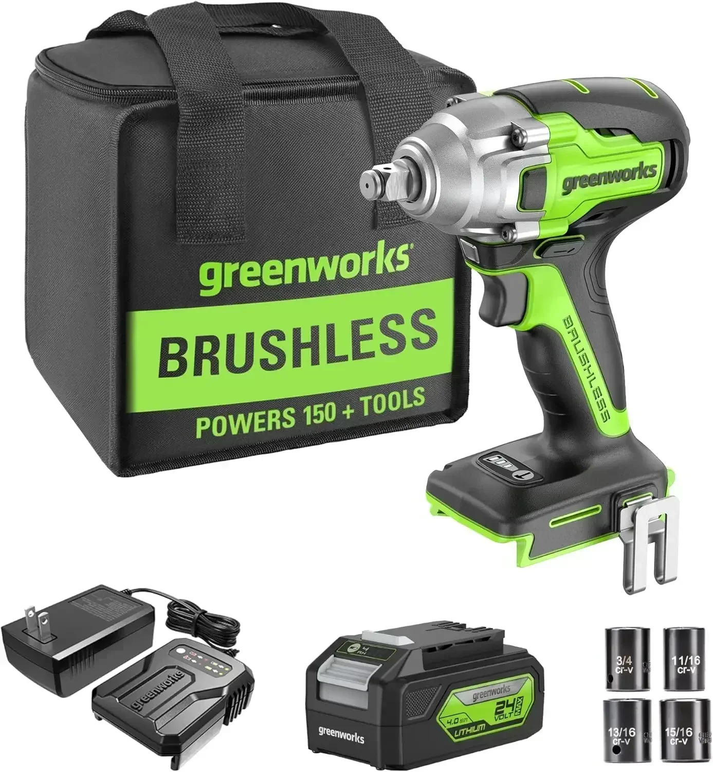 

24V Brushless 1/2" Cordless Impact Wrench (3 Speed / 300 ft.-lbs. / LED Light), 4.0Ah Battery and Compact Charger Included