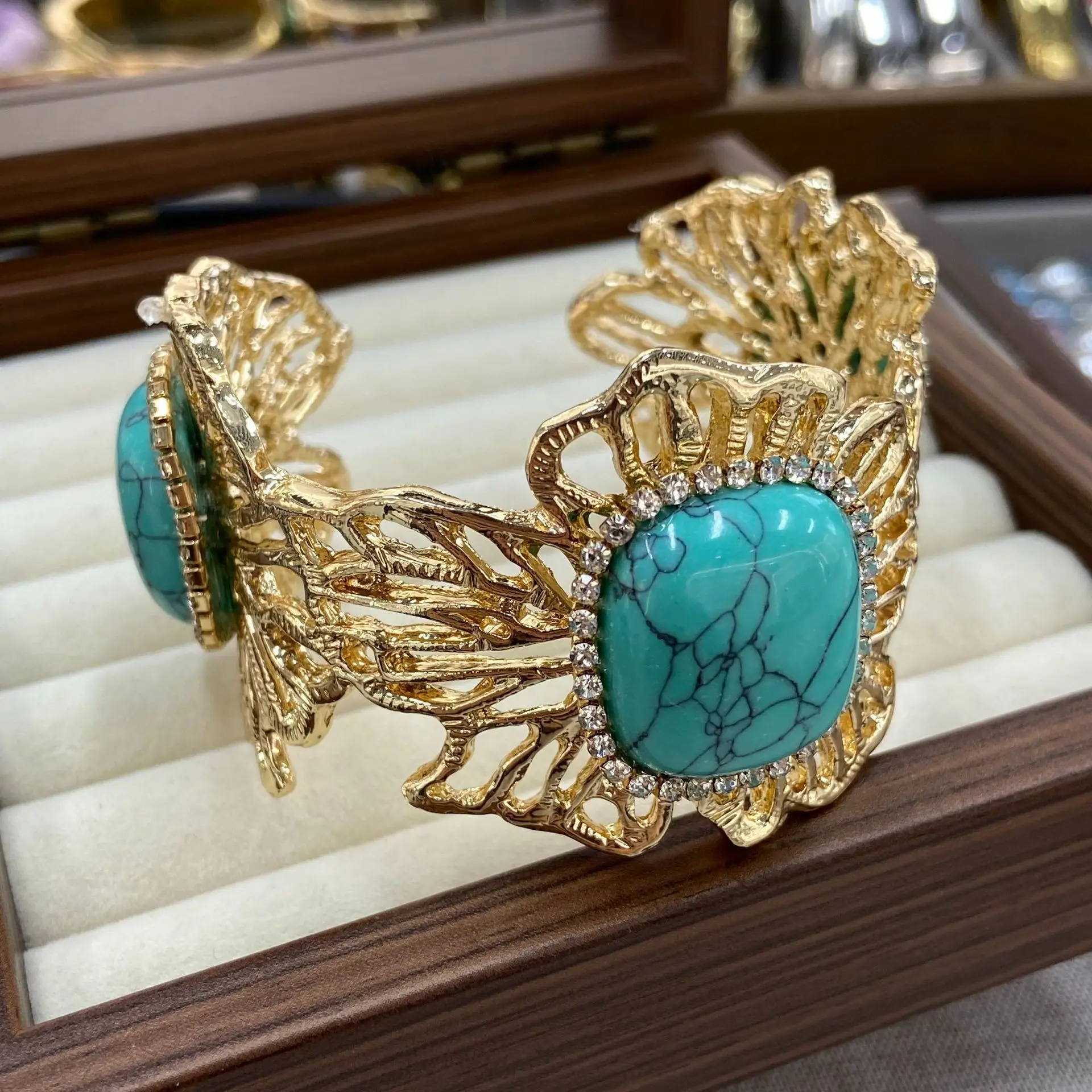 French New Openwork Floral Lace Turquoise Open Ended Bracelet Unique Design Women Exquisite Fashionable High  Wristband