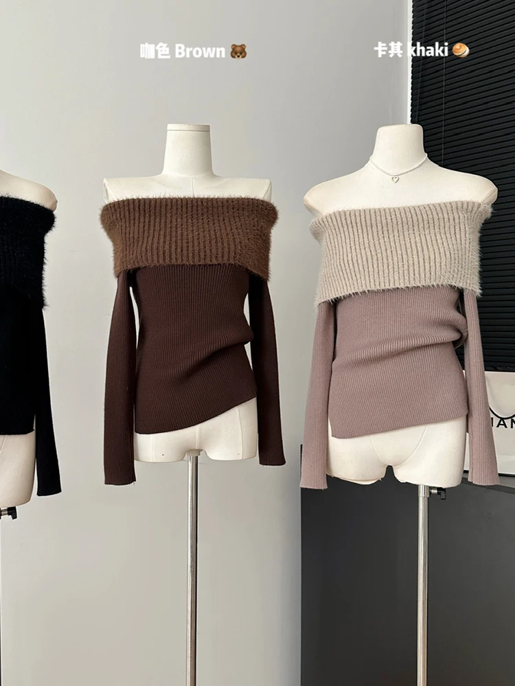 Autumn Winter Women Slash Neck Sweater Jumper Vintage Solid Color Knitwears 2000s Aesthetic Korean Designer Jerseys Old Money