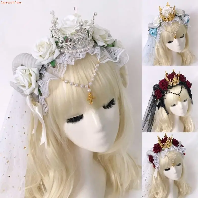 

Q5WE Sheep Horn Gothic Headband Devil Horns Rose Flowers Lace & for Costume