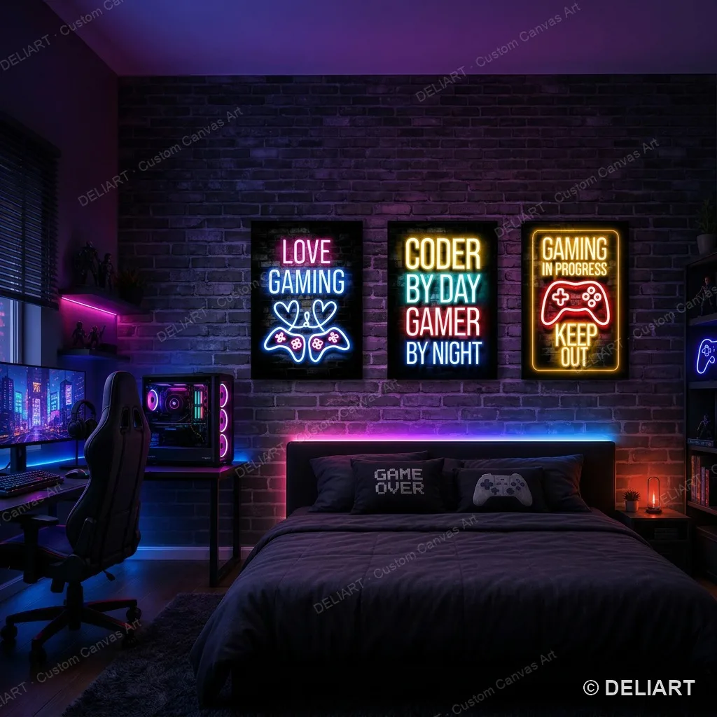 1 & 3 PCS Neon Gaming Quotes Canvas Poster Game Controller Wall Art Gamer Room Bedroom Decor Gift for Gamers Unframed