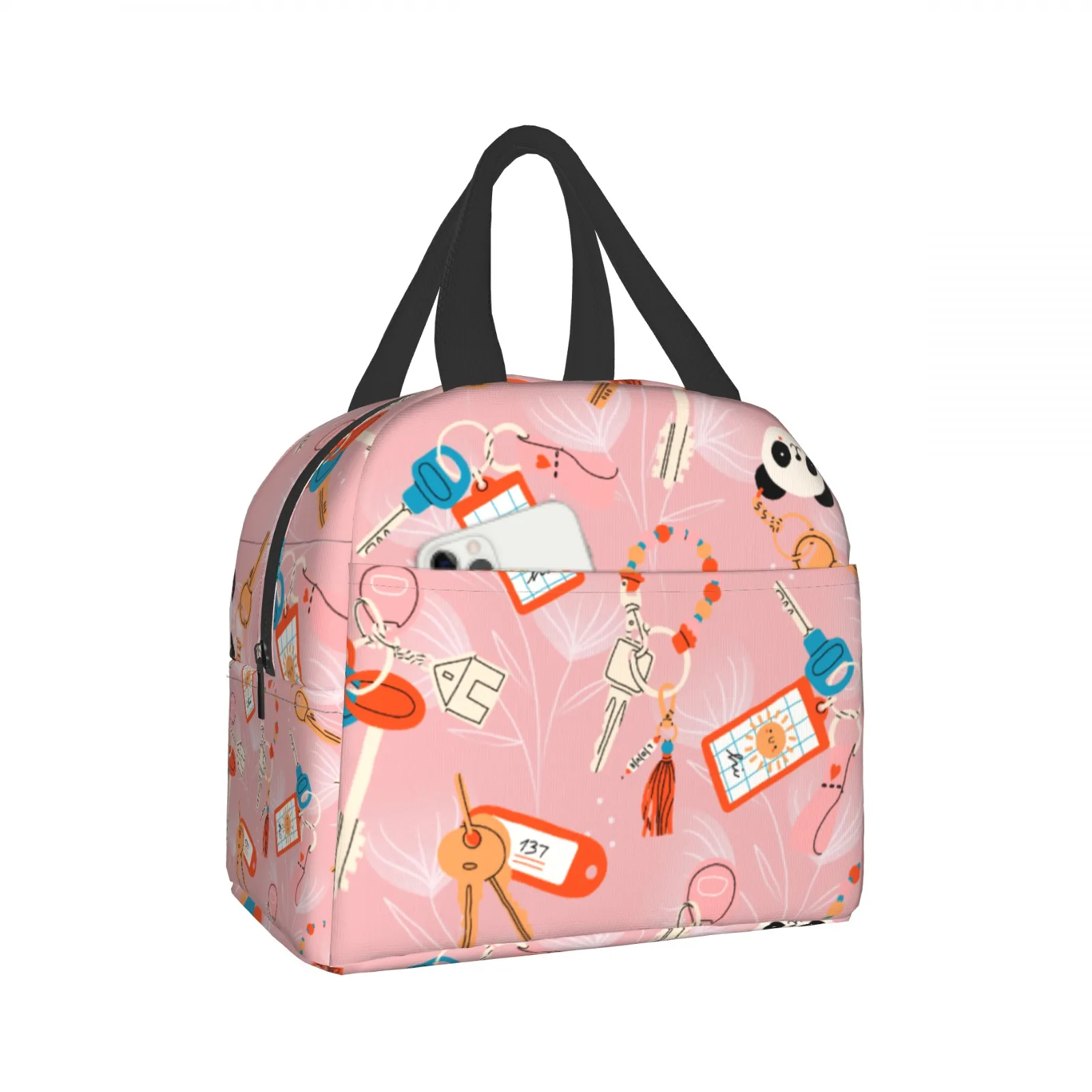 Pink Lunch Bag with Keys, Panda & Tags Pattern, Cute Creative Design, Front Phone Pocket, Ideal for Daily Use, Thermal Tote