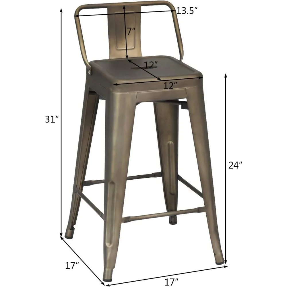 24" Metal Bar Stools Set of 4, Industrial Cafe Side Chairs with Removable Back and Rubber Feet, Stackable Counter Stool