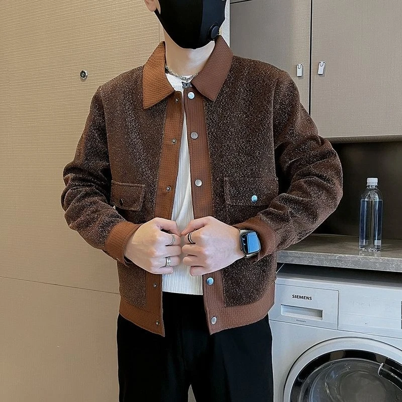 

2025 Spring Autumn Men's Jacket Trendy Woolen Blazer with Collar Versatile Streetwear Outerwear