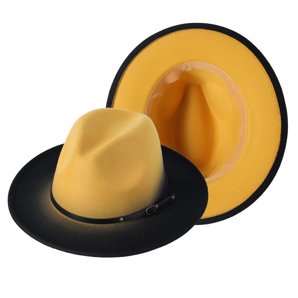 Unisex Fedora Hat Autumn Winter Wide brimmed color blocked spray dyed gradient Jazz hat 7cm brim