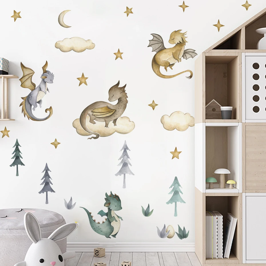 Watercolor cartoon dragon, dinosaur, cloud, and tree wall stickers, made of PVC.