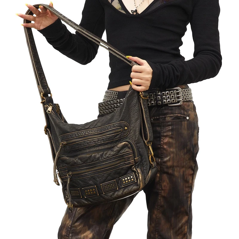 vintage Motorcycle Bag for women retro shoulder crossbody bags Multiple pockets hobos tote bag looks old female purses 2024