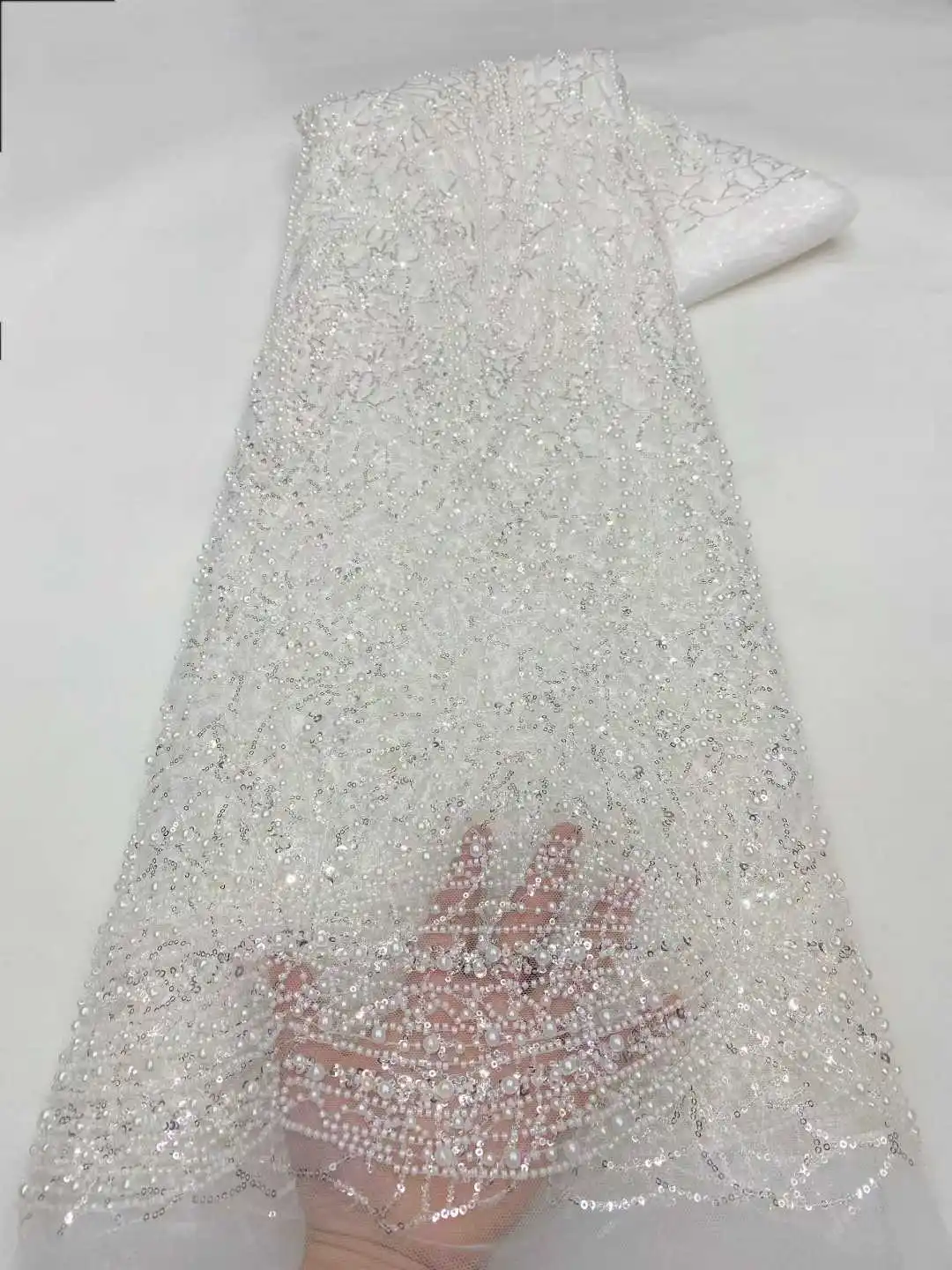 Madison African Sequins Beaded Groom Lace Fabric High Quality French Tulle Lace Fabric Embroidery Nigerian Lace Fabrics TP1445