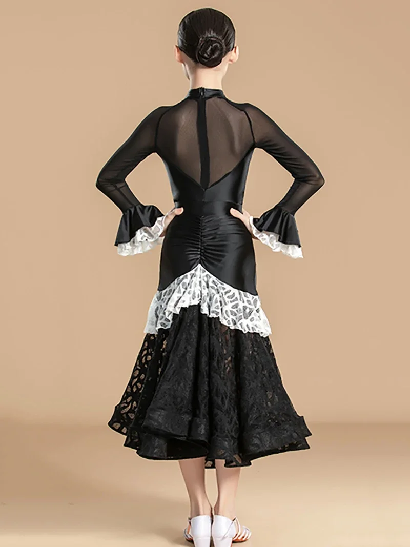 Kids Girls Modern Dance Children's Waltz Dance Bodysuit and Big Swing Skirt Competition Practice Performance Dancewear