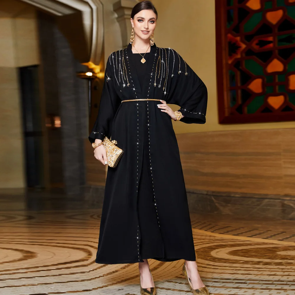 

Satin Arab Woman Abaya Hand Seam Drill Muslim Robe Fashion Cardigan Outside Match Long Sleeve Elegance Dress Female Casual Dress