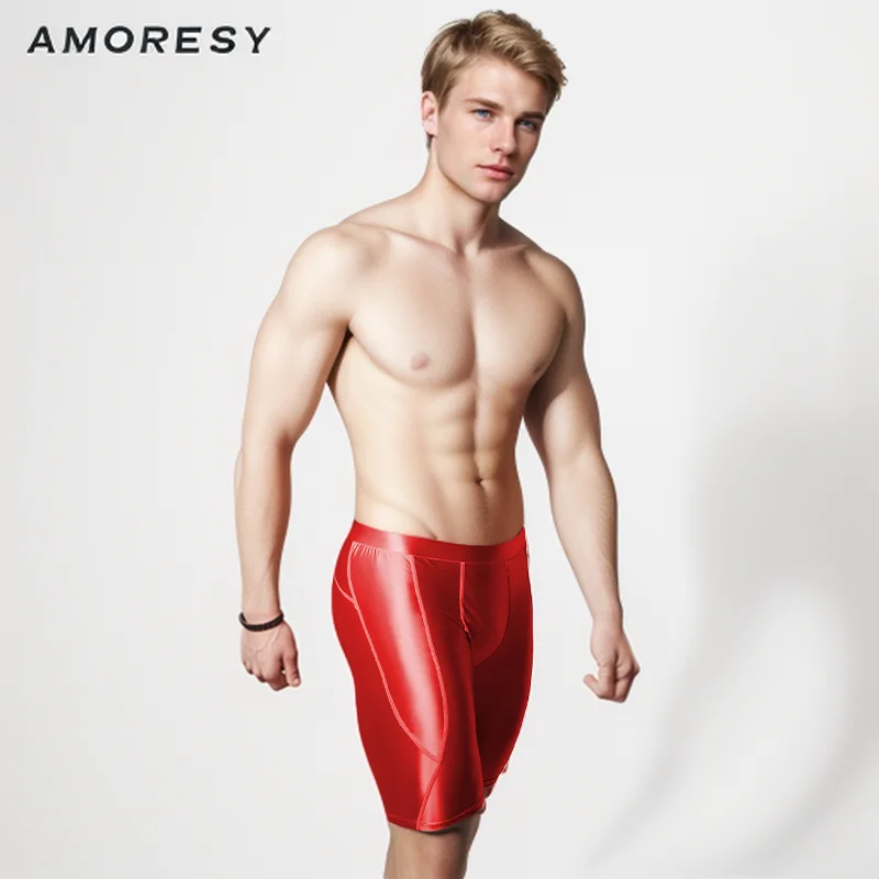 AMORESY Men\'s Sexy Smooth Shiny Medium Waist Sportswear Elastic Tights Silk Pants Running Sports Breathable Fitness Beach Shorts