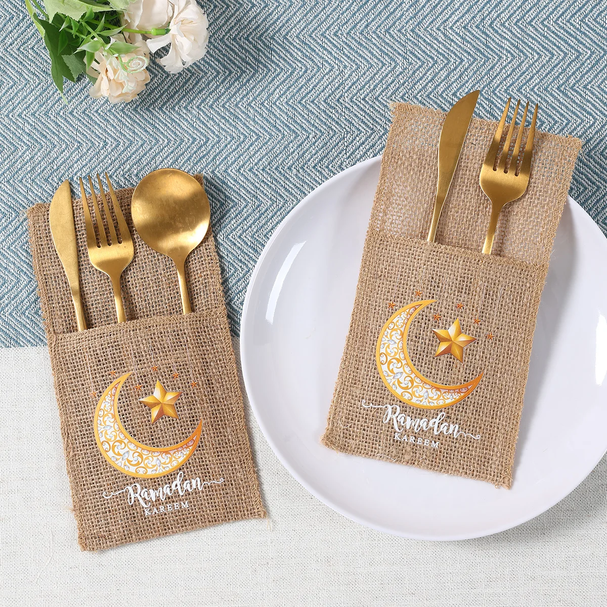 Ramadan Burlap Cutlery Pouch Eid Mubarak Decor for Home 2025 Table Decor Ramadan Kareem Islamic Muslim Party Eid Al-Fitr Gifts