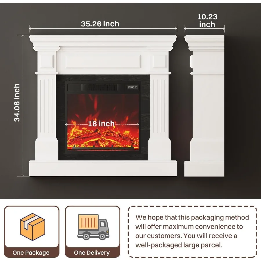 35 مدفأة كهربائية مع رف 18 بوصة مدفأة كهربائية واقعية للغاية ثلاثية الأبعاد لهب زر التحكم عن بعد مدفأة بيضاء Ma