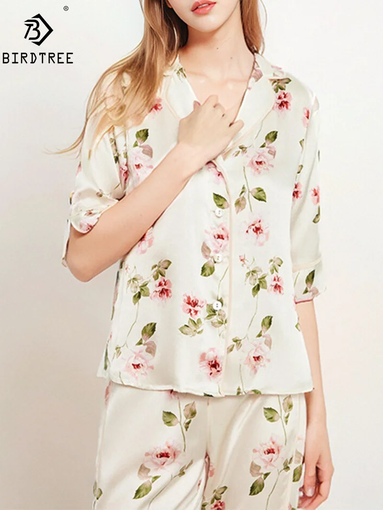

BirdTree, 16MM 100%Real Silk Pajama Set, Women Short Sleeve Pants, Comfortable Floral Elegant Homewear, 2024 Summer S550147QM