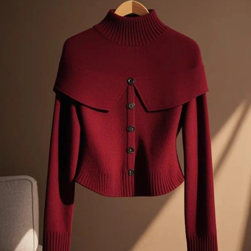 Winter New Wine Red Sweater Temperature Pullovers Sweater Roupas Feminines Vintage Chic Solid Knit Jumper Solit Hot Tops Women's