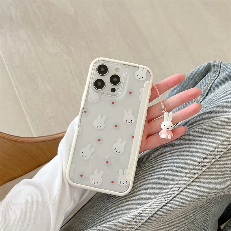 

Luxury Clear Miffy Holder Phone Case Case For iPhone 17 16 15 14 13 Pro Max Lovely flower Rabbit Cartoon Doll Miffy Pendant ﻿﻿