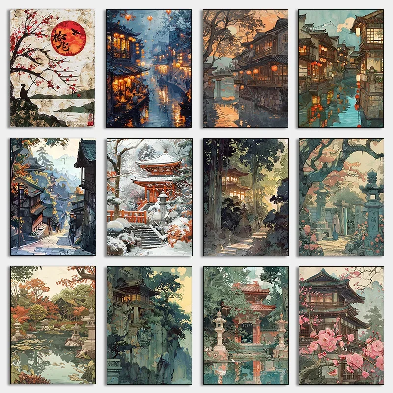 

Vintage Hiroshi Yoshida Inspired Poster Traditional Japanese Village Landscape Diamond Painting Wall Art Living Room Home Deco