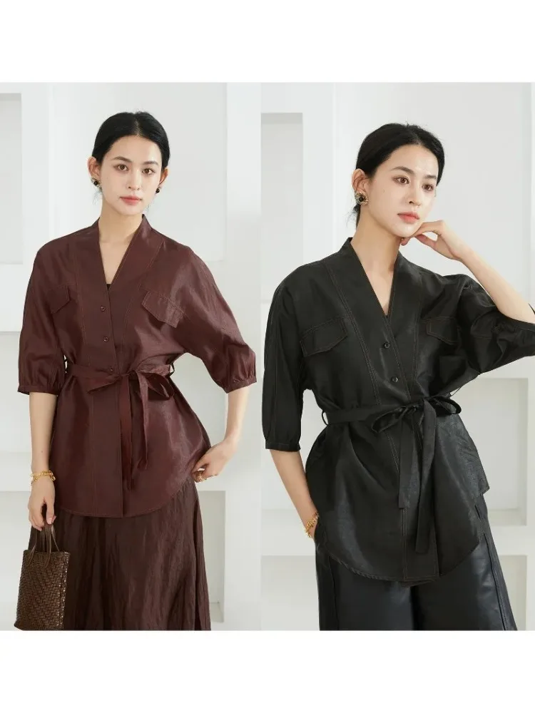 Moda damska wiosna/jesień nowy styl 100% naturalny jedwab morwowy czerwona włóczka chmurkowa dekolt w serek rękaw trzy czwarte kurtka kardigan