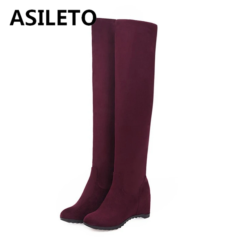 ASILETO Autumn Winter Women\'s Fashion Solid Colors Warm Over The Knee Long Boots 44 High Boots Round Toe Wedges Shoes F1296