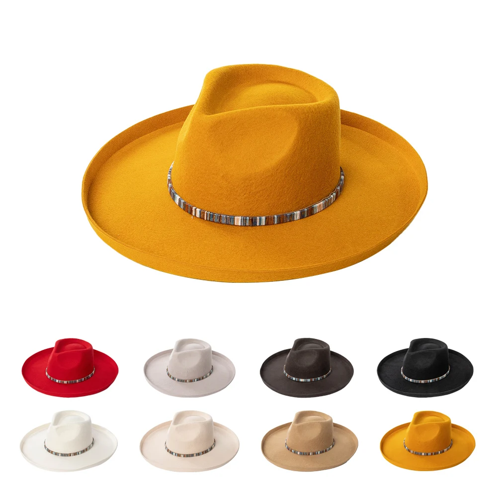 

100% Australia Wool Fedore Hat with colourful belt trim Wide Brim Felt Hat Pencil Brim