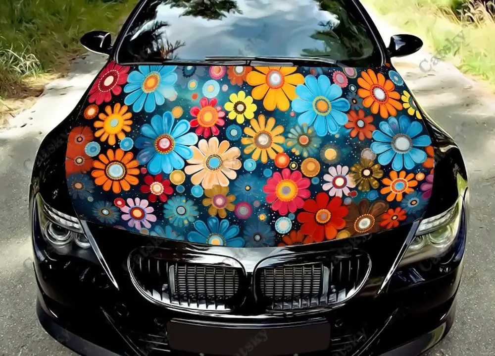 Flower Pattern Design Colorful Car Hood Decal Stickers Wrap Vinyl Film Engine Cover Decals Sticker Car Hood Protective Film