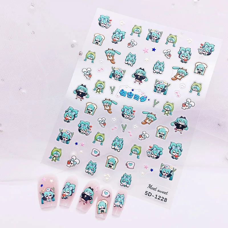 1PCS 5D Embossed Hatsune Miku Nail Stickers Fashion Self-Adhesive Anime Nail Accessories Music Elements Combined Nail Parts