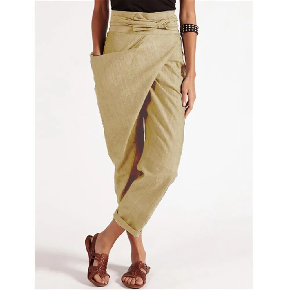 Women‘s Tie-Waist Cropped Pants - Asymmetrical Hem Wide Leg Trousers, High Waisted Casual & Office Pants with Unique Detail