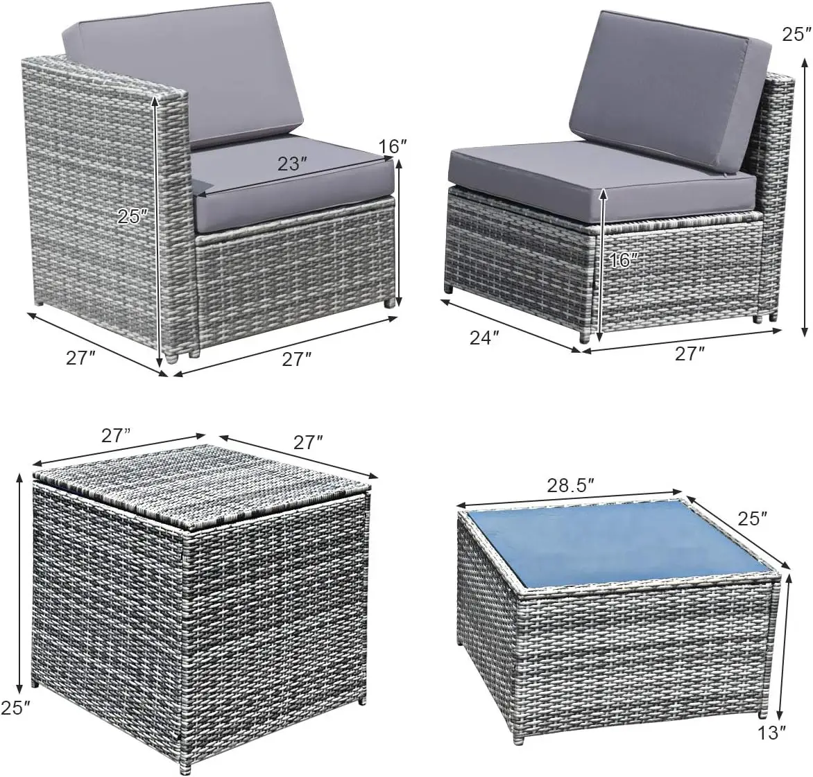 Outdoor Patio Furniture Set, Rattan Wicker Sofa Set, Sectional Sofa Couch Storage Table and Cushions for Garden Backyard