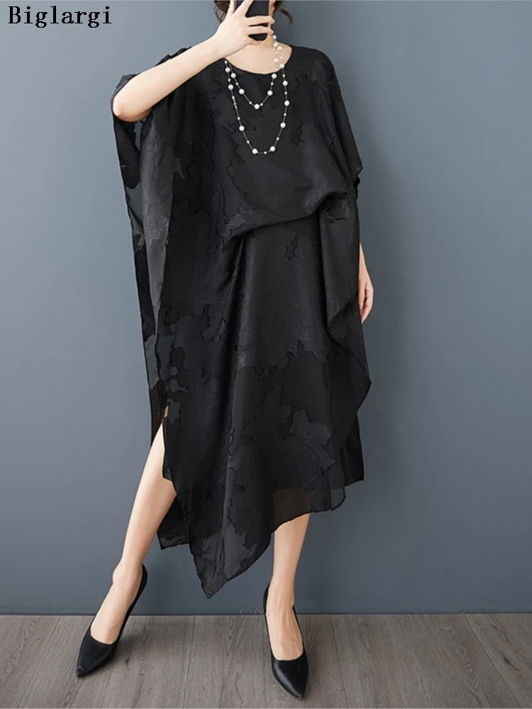 

Oversized Summer Irregular Dress Women Chinese Style Print Fashion Ladies Dresses Loose Ruffle Pleated Woman Dress