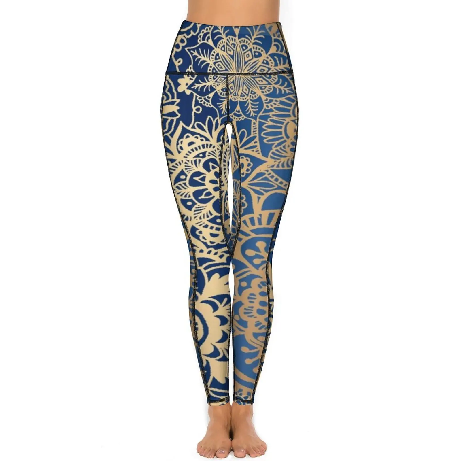 Retro Gold Mandala Leggings Sexy Trendy Bohemian Print Fitness Yoga Pants Push Up Stretch Sport Legging Pockets Novelty Leggins