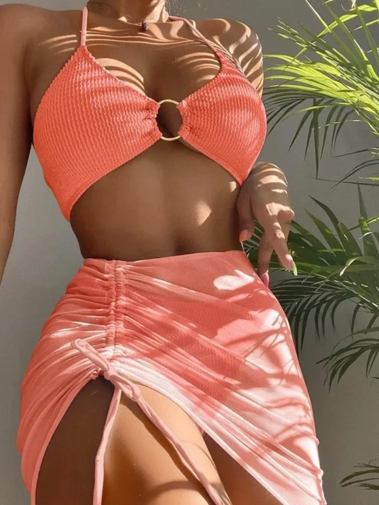 New High Elastic Bikini Set for 2025 Summer Three-piece Solid Color Lace-up Sexy Women Swimsuit Beach Bathing Suit Swimwear