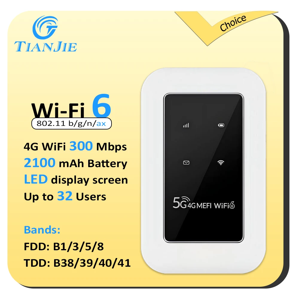 

TIANJIE 4G LTE-маршрутизатор Wi-Fi 6 модемов 300 Мбит/с со слотом для SIM-карты Портативная точка доступа Wi-Fi 2100 мАч Мобильный Wi-Fi-маршрутизатор для 32 пользователей ﻿
