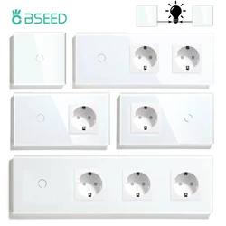 BSEED 1/2/3Gang Touch Light Switch 1/2/3Way Sensor Stair Switches Plus Wall Socket EU Standard Glass Panel Blue Back Light 10A