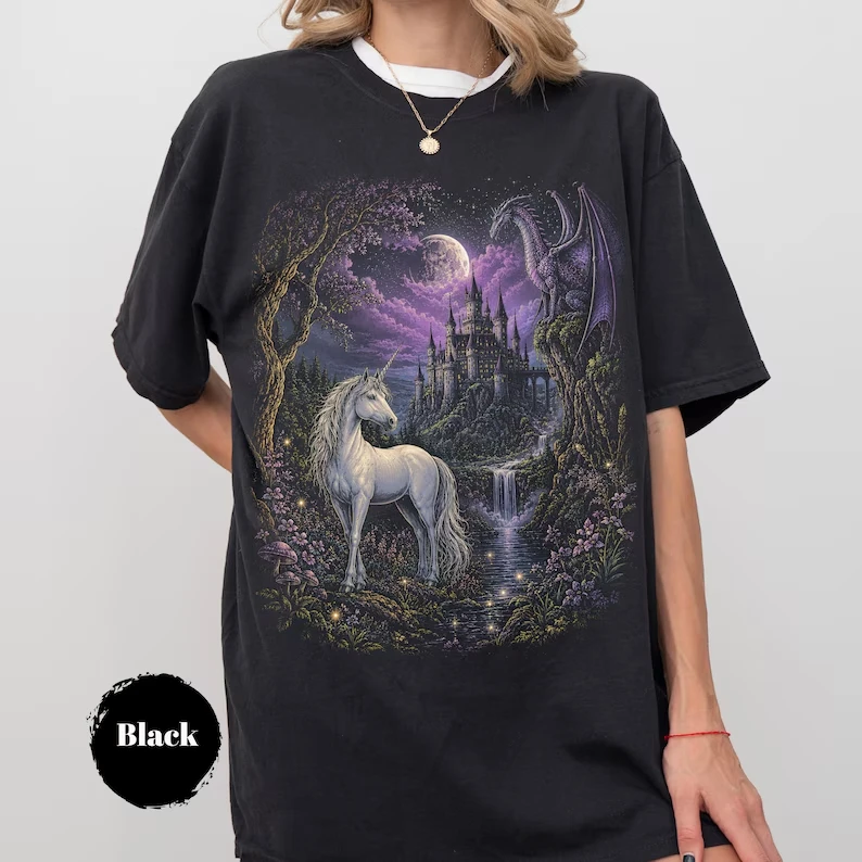 90s Fantasy Unicorn Shirt Magical Pegasus Graphic Tee Medieval Castle Dragon Apparel Fairycore Cottagecore Retro Fantasy Art