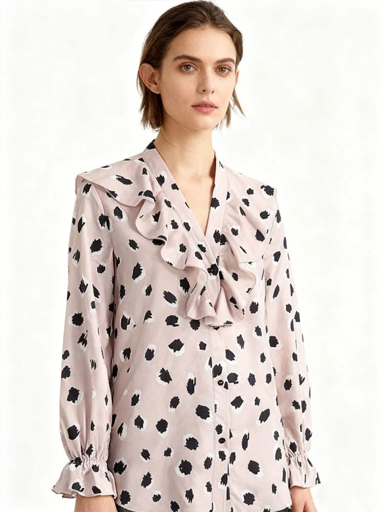 

Распродажа, популярная рубашка в стиле ретро с v-образным вырезом и рюшами в горошек, элегантный универсальный топ, женская одежда, распродажа, модный предмет розового цвета