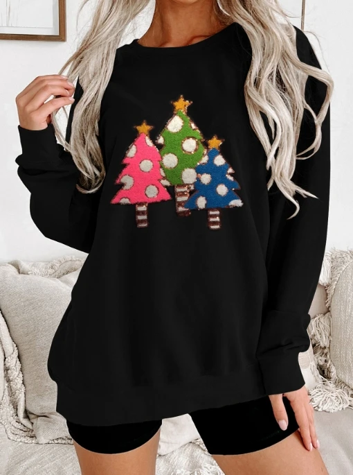 Christmas Towel Embroidered Round Neck Long Sleeve Hoodie for Women's Clothing Autumn New Fashion Female Casual Loose Pullovers