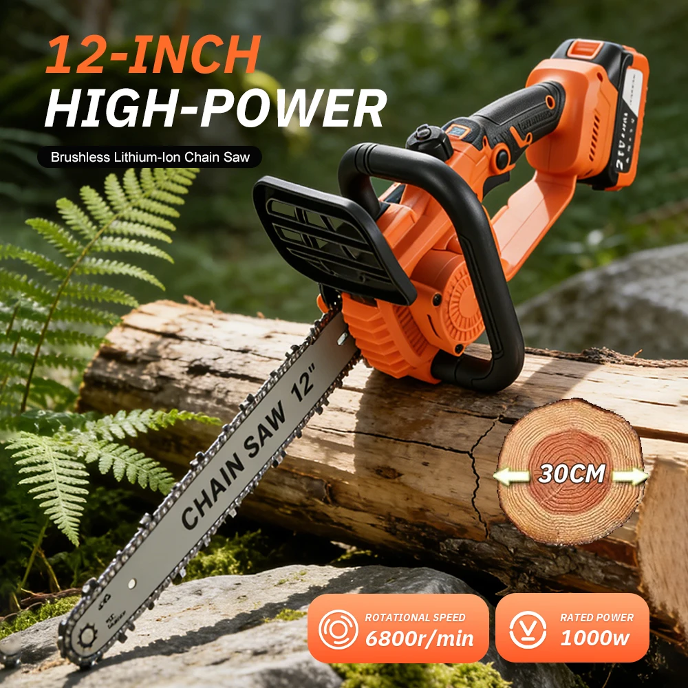 

Cordless 12" Brushless Electric Chainsaw for 3.0AH Battery, Lightweight Handheld Saw for Garden Pruning & Firewood Cutting