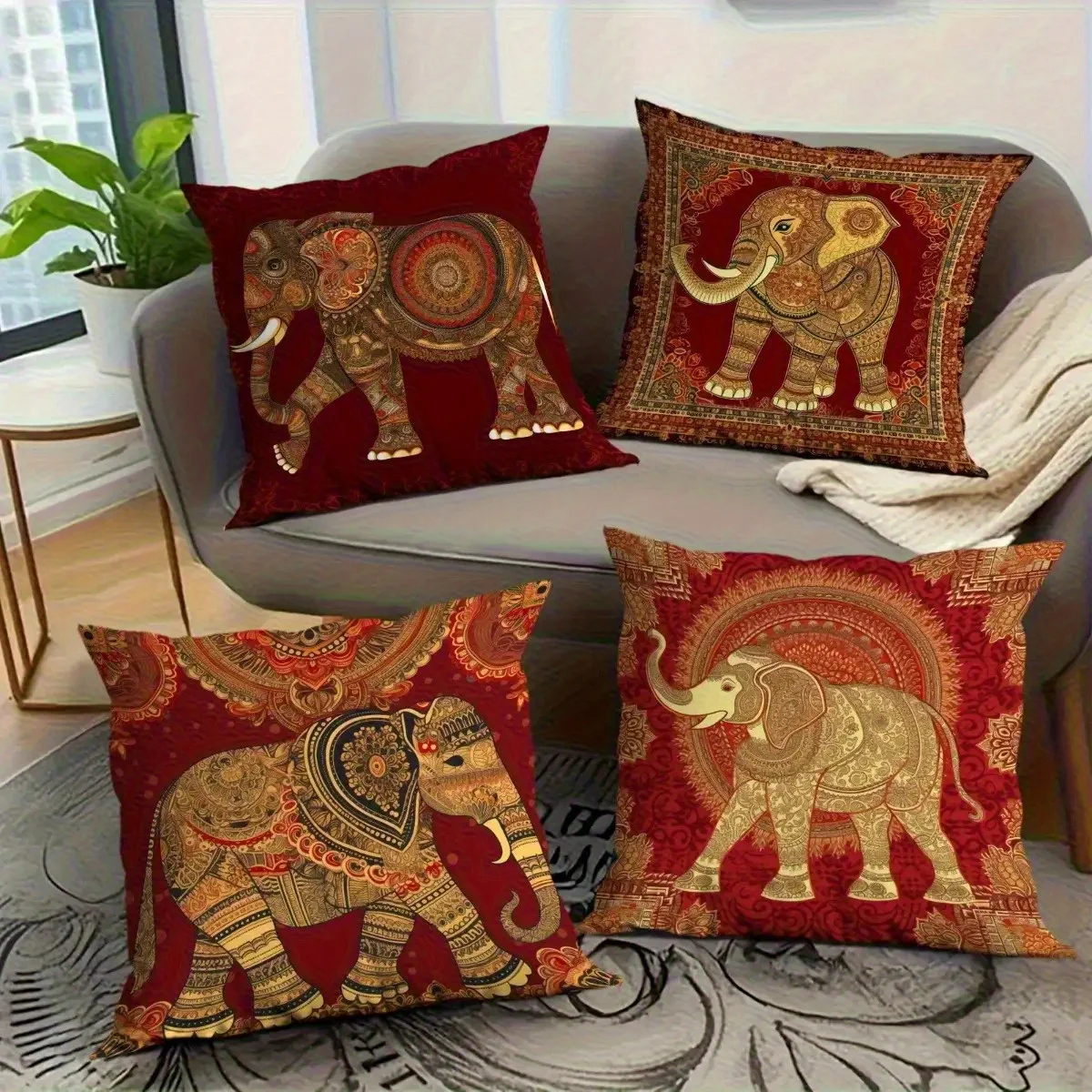 Indischer Kissenbezug mit floralem Elefantenmuster, Digitaldruck, Kurzplüsch, geeignet für Wohnzimmer, Schlafzimmer, Sofas, Zierkissenbezug