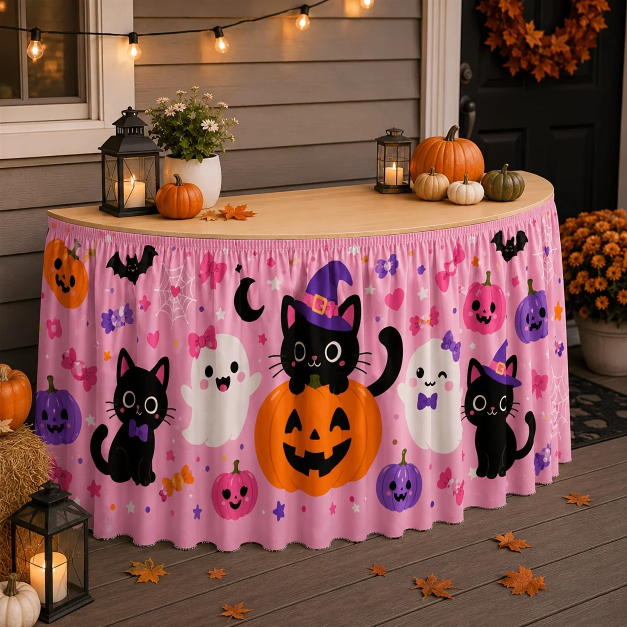 Cute pink Halloween table skirt, with a light pink background, and cute decorations for a children's Halloween partyxzj