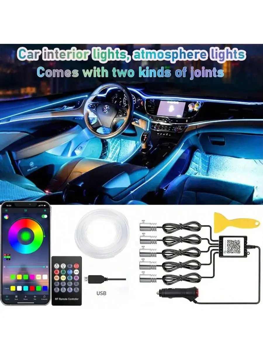 Car Interior Lights, USB Car LED Light Bar, Car Ambient Lighting Kit 236 Inch Fiber Optic, RGB EL Wire Lights App And Remote